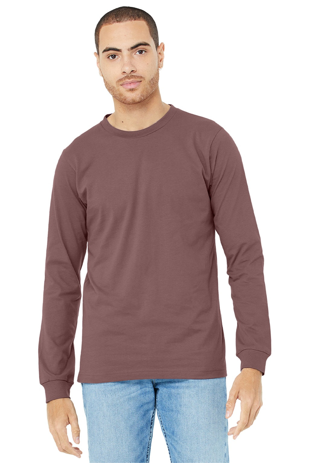Bella + Canvas BC3501/3501 Mens Jersey Long Sleeve Crewneck T-Shirt Mauve Model Front
