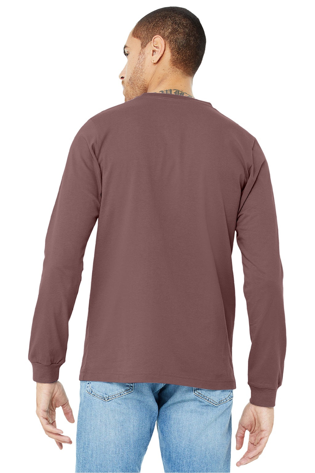 Bella + Canvas BC3501/3501 Mens Jersey Long Sleeve Crewneck T-Shirt Mauve Model Back