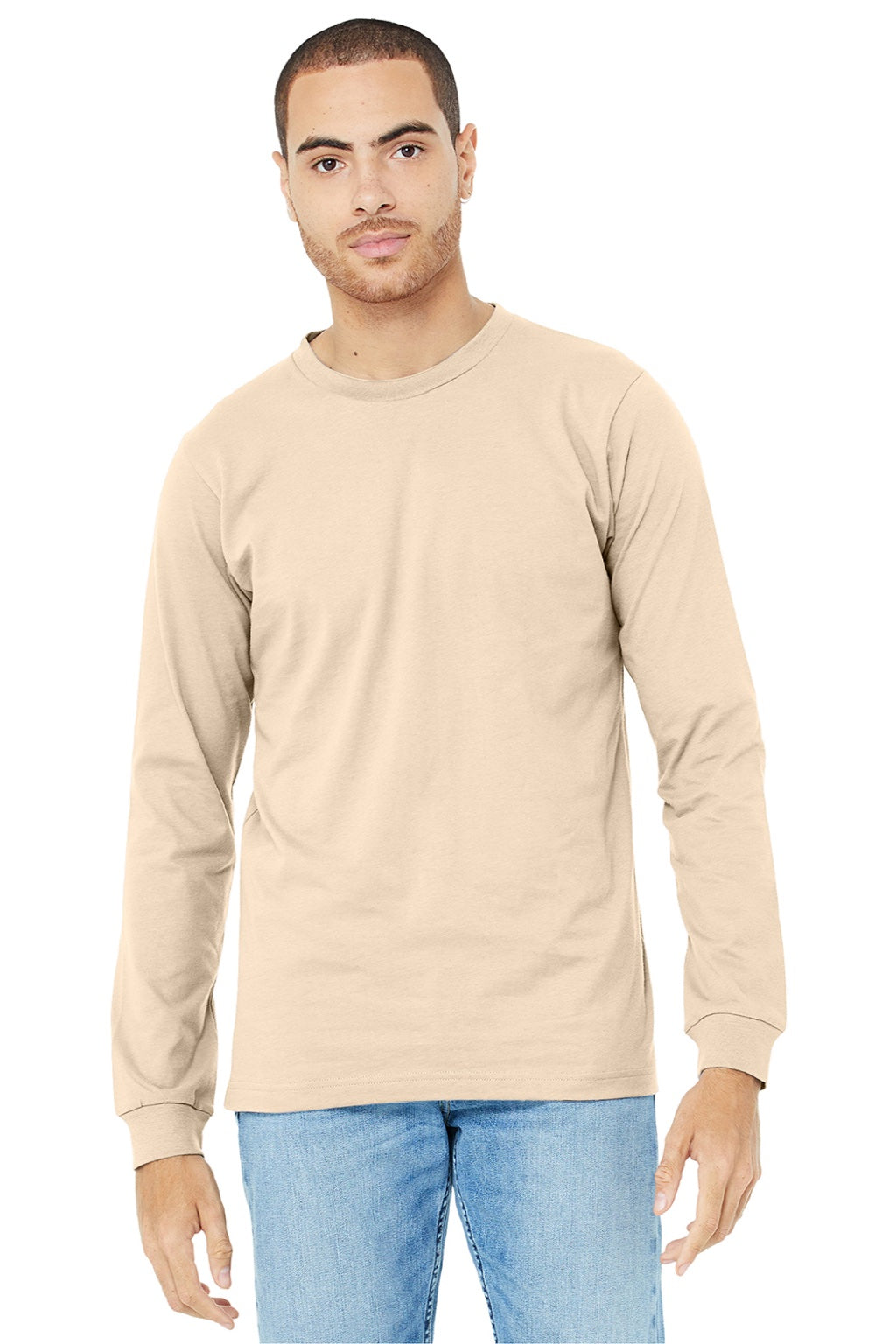 Bella + Canvas BC3501/3501 Mens Jersey Long Sleeve Crewneck T-Shirt Soft Cream Model Front