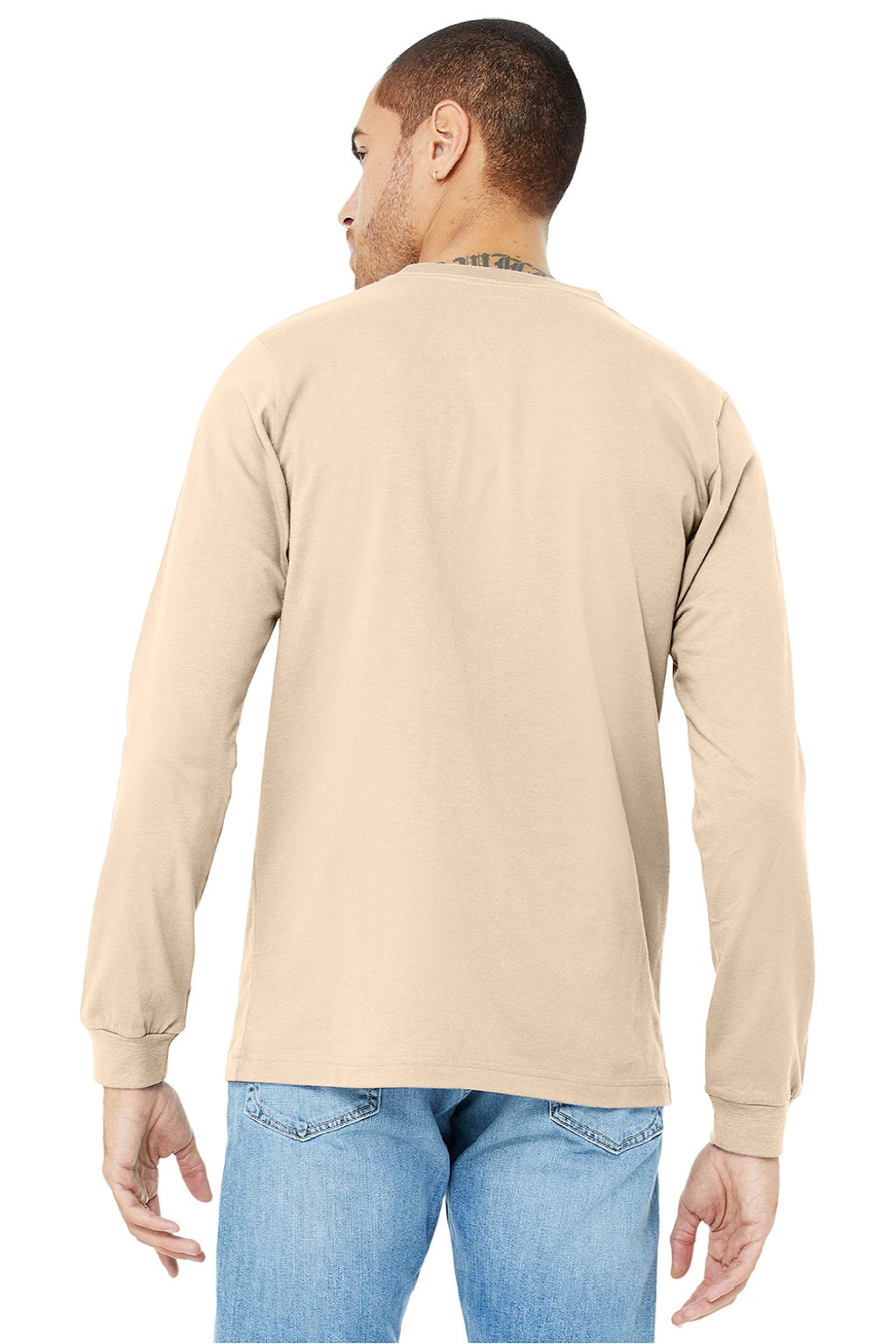 Bella + Canvas BC3501/3501 Mens Jersey Long Sleeve Crewneck T-Shirt Soft Cream Model Back