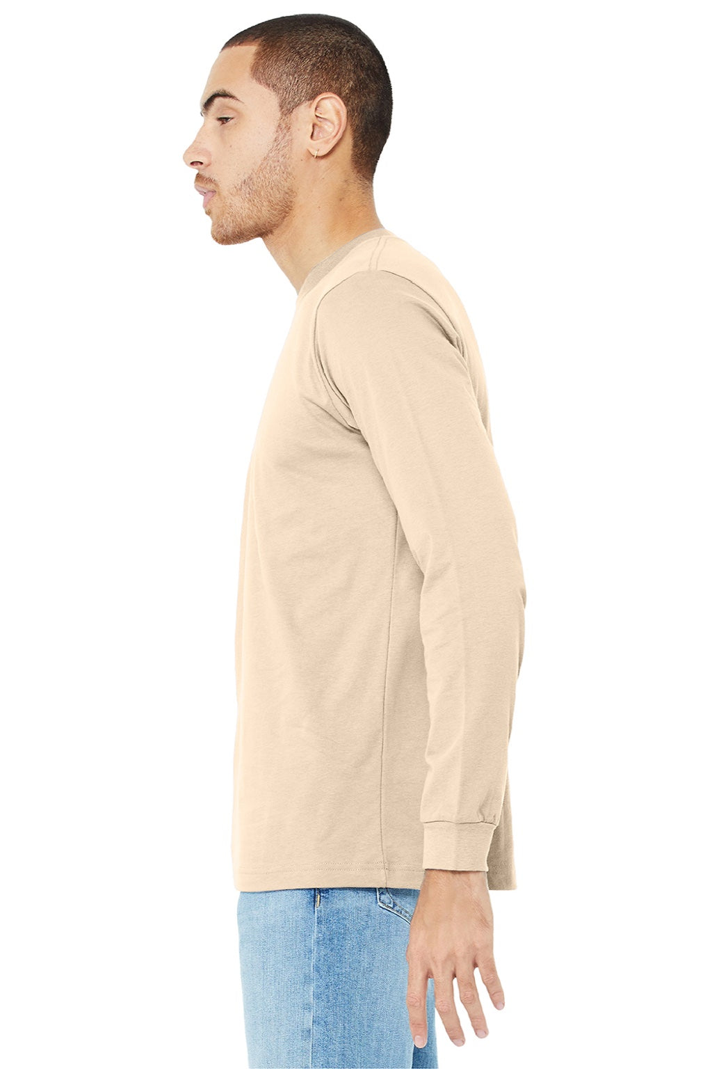 Bella + Canvas BC3501/3501 Mens Jersey Long Sleeve Crewneck T-Shirt Soft Cream Model Side