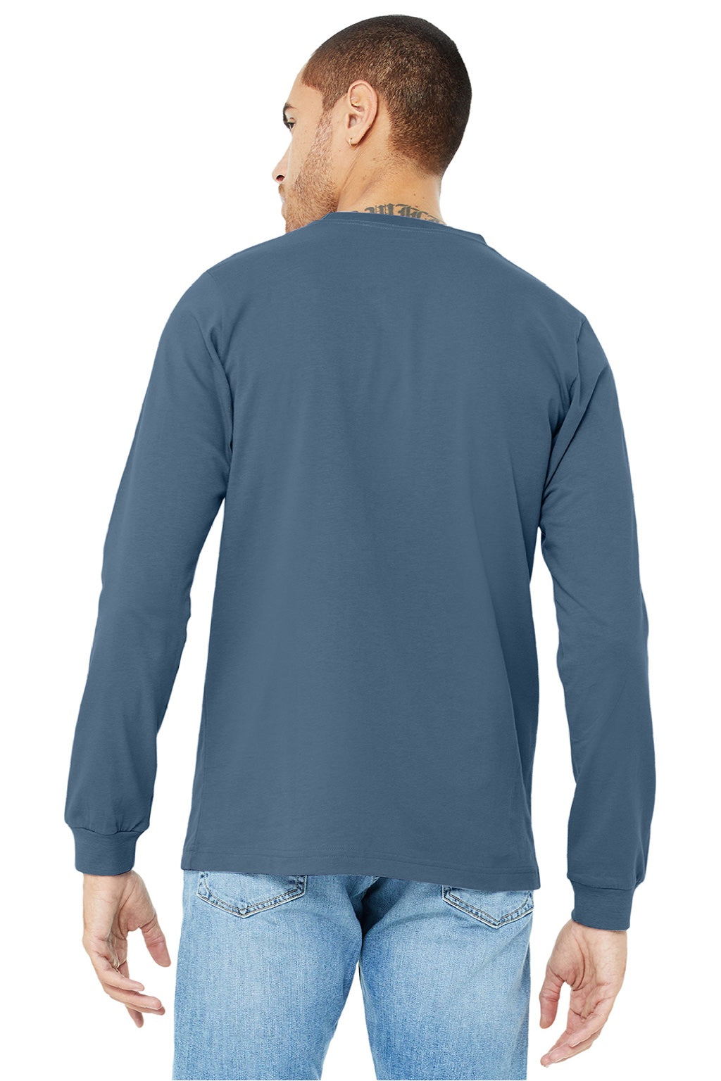 Bella + Canvas BC3501/3501 Mens Jersey Long Sleeve Crewneck T-Shirt Steel Blue Model Back