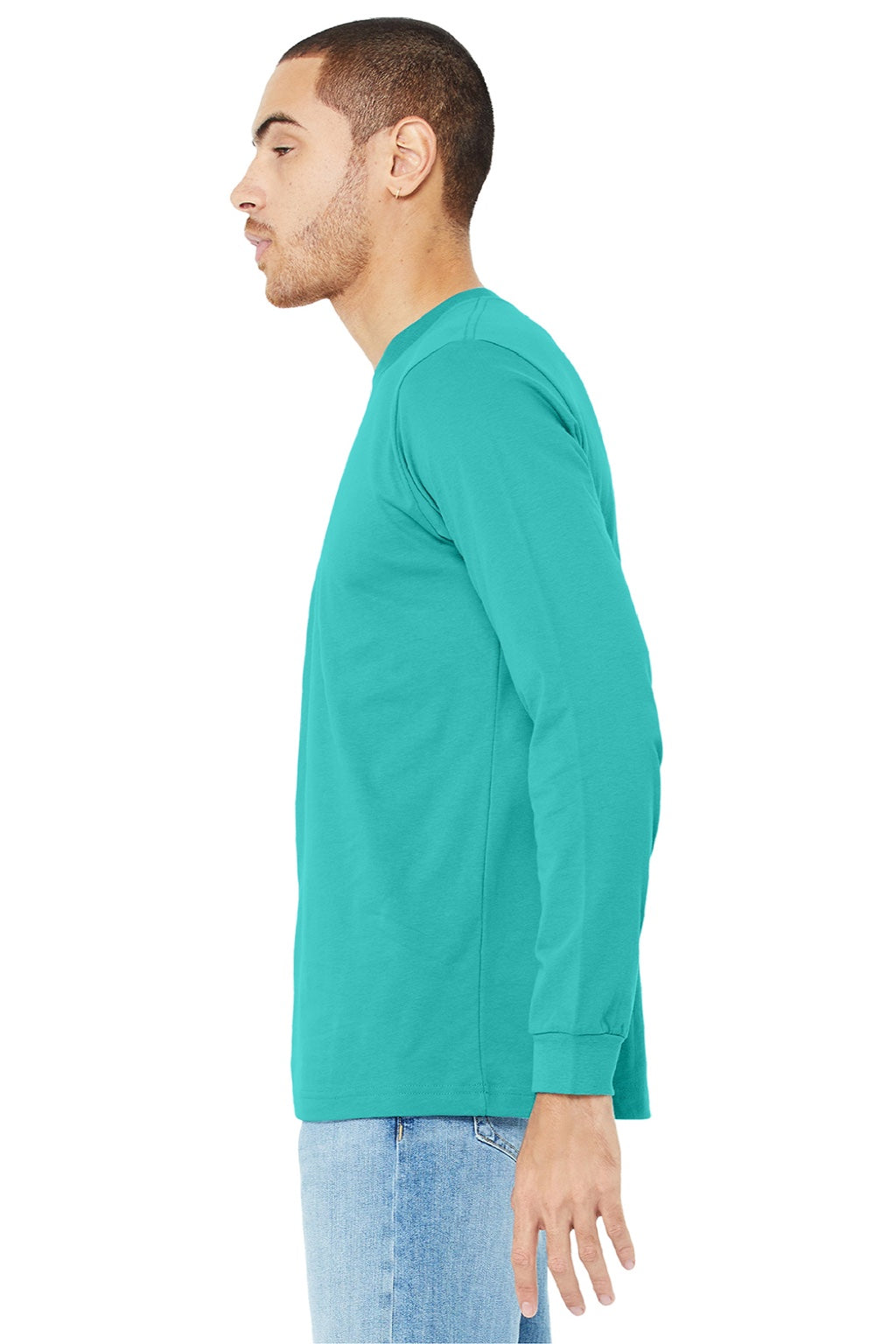 Bella + Canvas BC3501/3501 Mens Jersey Long Sleeve Crewneck T-Shirt Teal Green Model Side