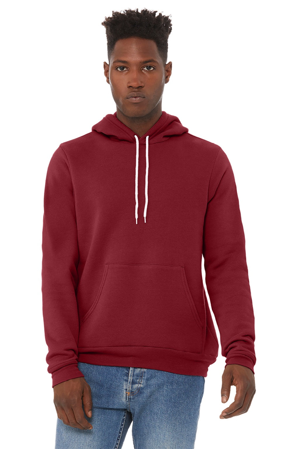 Bella + Canvas BC3719/3719 Mens Sponge Fleece Hooded Sweatshirt Hoodie w/ Pouch Pocket Cardinal Red Model Front