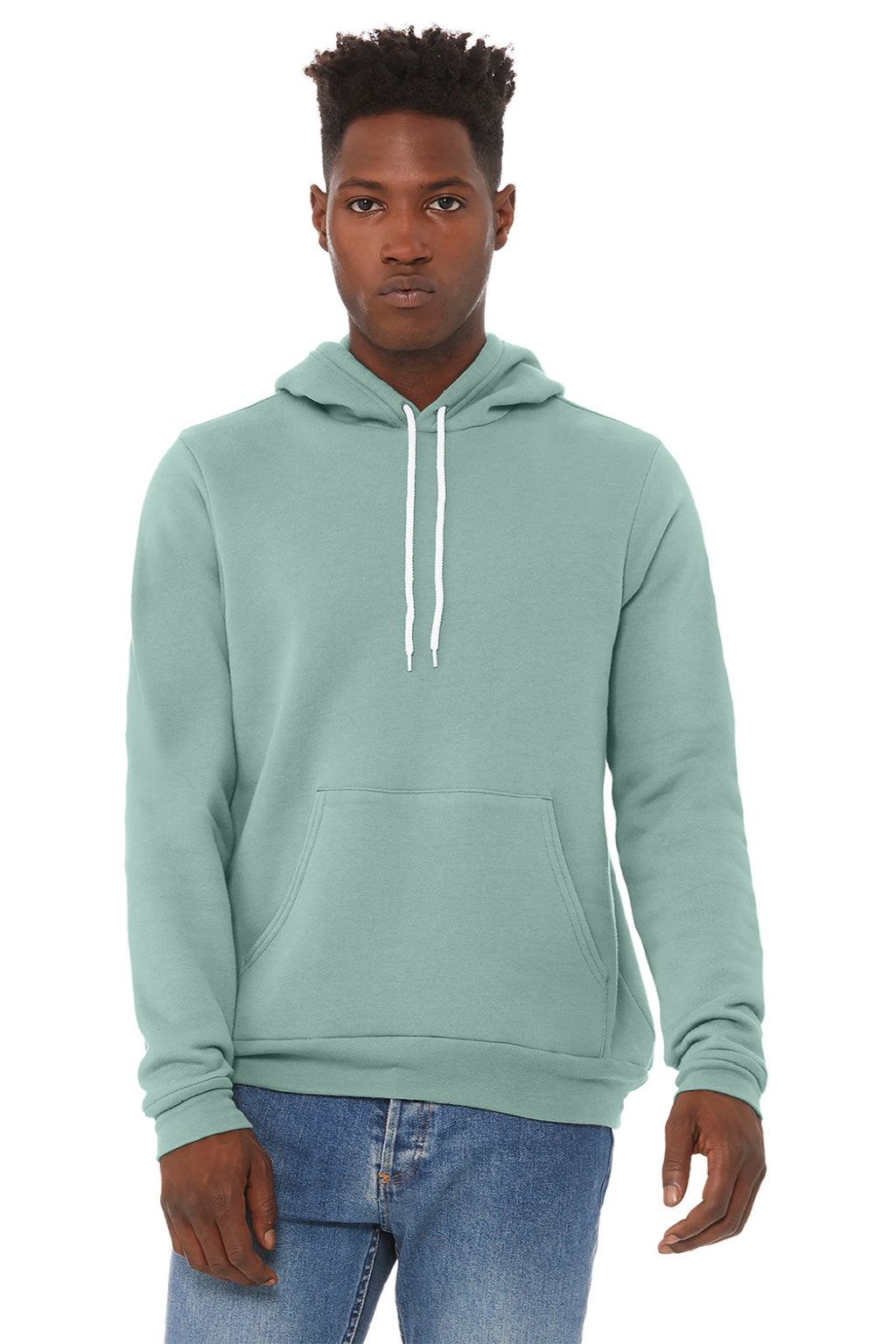Bella + Canvas BC3719/3719 Mens Sponge Fleece Hooded Sweatshirt Hoodie w/ Pouch Pocket Dusty Blue Model Front