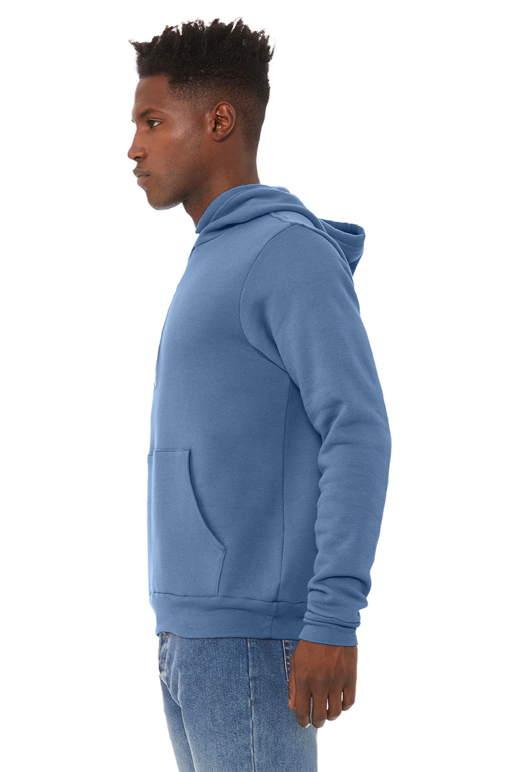 Bella + Canvas BC3719/3719 Mens Sponge Fleece Hooded Sweatshirt Hoodie w/ Pouch Pocket Lavender Blue Model Side