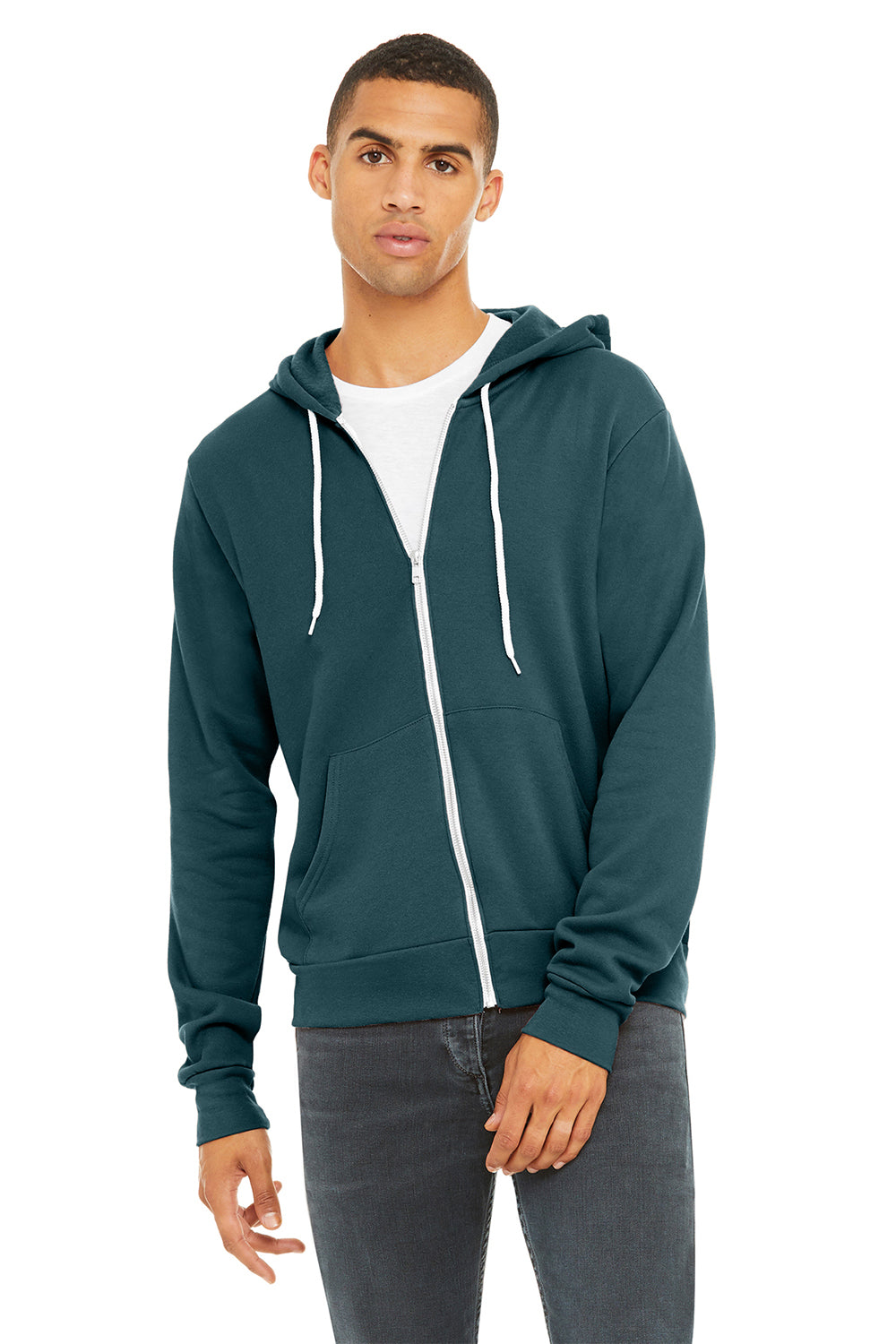 Bella + Canvas BC3739/3739 Mens Fleece Full Zip Hooded Sweatshirt Hoodie w/ Pockets Atlantic Blue Model Front