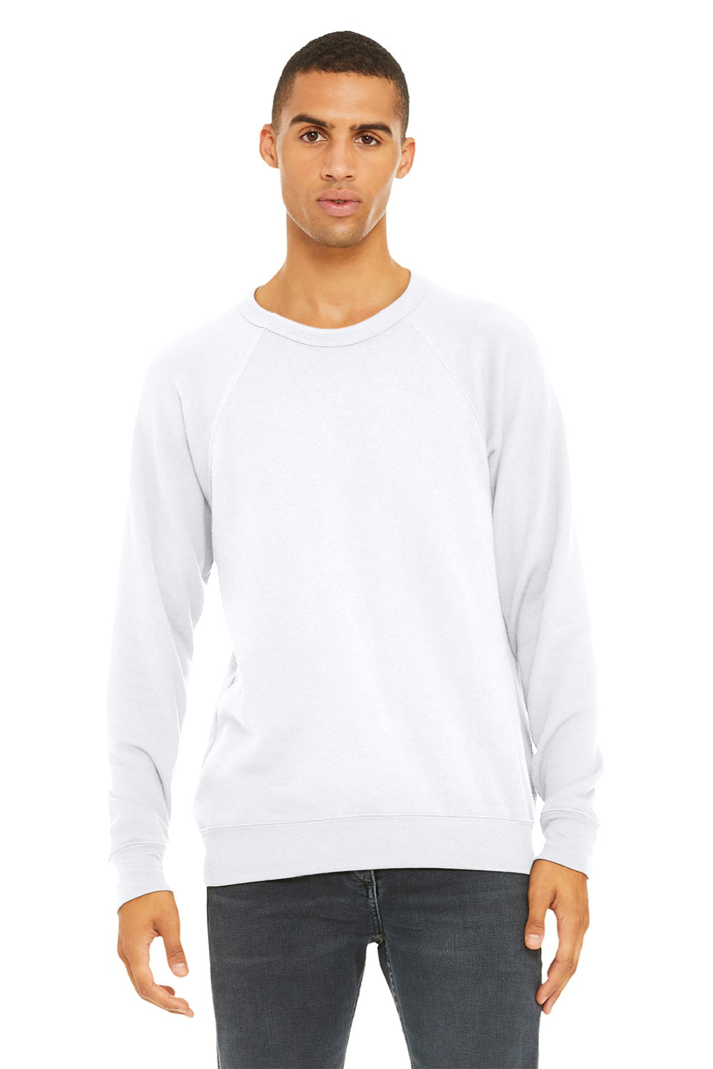 Bella + Canvas BC3901/3901 Mens Sponge Fleece Crewneck Sweatshirt White Model Front