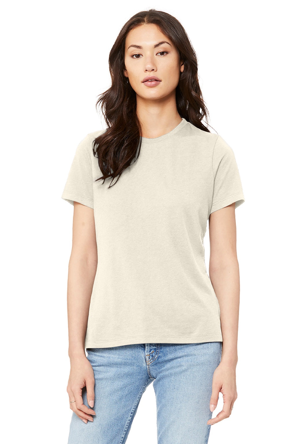 Bella + Canvas BC6400/6400 Womens Relaxed Jersey Short Sleeve Crewneck T-Shirt Natural Model Front
