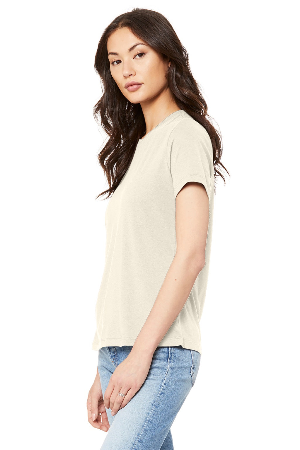 Bella + Canvas BC6400/6400 Womens Relaxed Jersey Short Sleeve Crewneck T-Shirt Natural Model Side