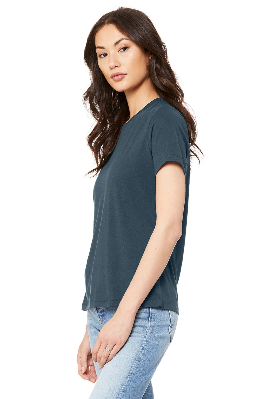 Bella + Canvas BC6400/6400 Womens Relaxed Jersey Short Sleeve Crewneck T-Shirt Vintage Navy Blue Model Side
