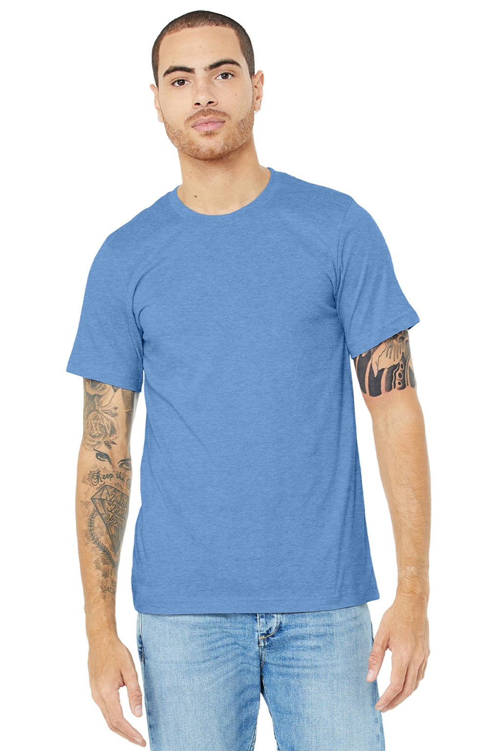 Bella + Canvas BC3001CVC/3001CVC Mens Heather CVC Short Sleeve Crewneck T-Shirt Heather Carolina Blue Model Front