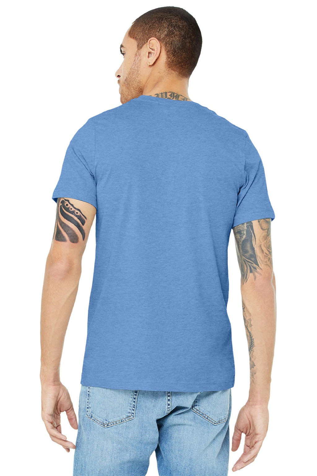 Bella + Canvas BC3001CVC/3001CVC Mens Heather CVC Short Sleeve Crewneck T-Shirt Heather Carolina Blue Model Back