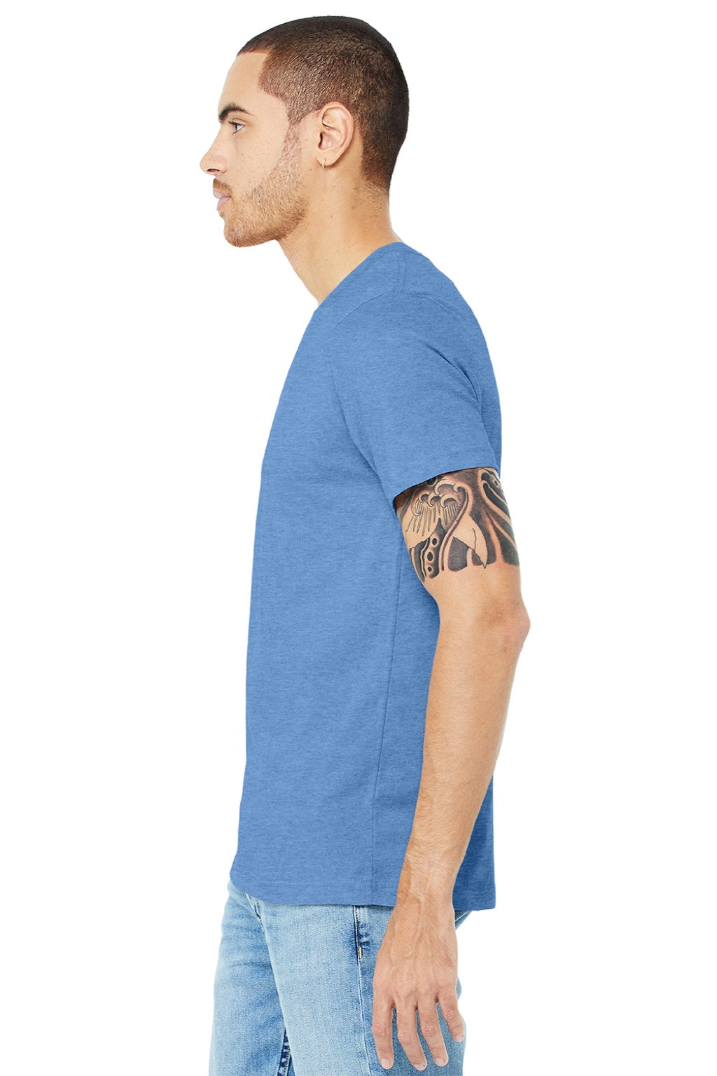 Bella + Canvas BC3001CVC/3001CVC Mens Heather CVC Short Sleeve Crewneck T-Shirt Heather Carolina Blue Model Side
