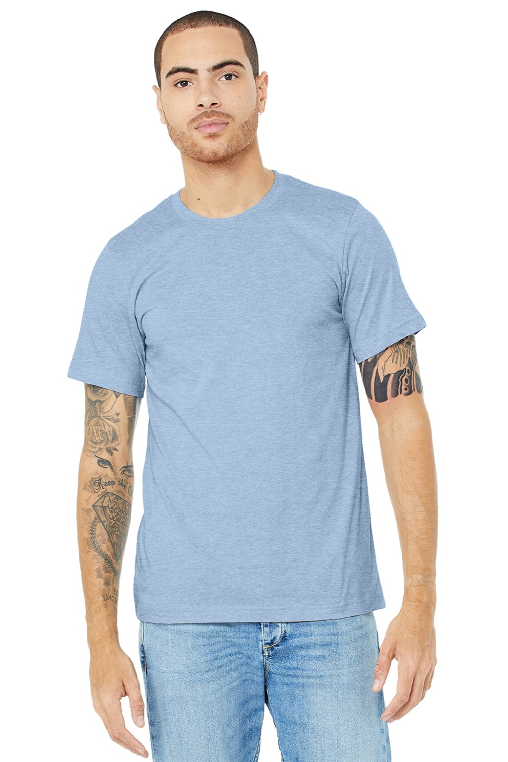 Bella + Canvas BC3001CVC/3001CVC Mens Heather CVC Short Sleeve Crewneck T-Shirt Heather Baby Blue Model Front