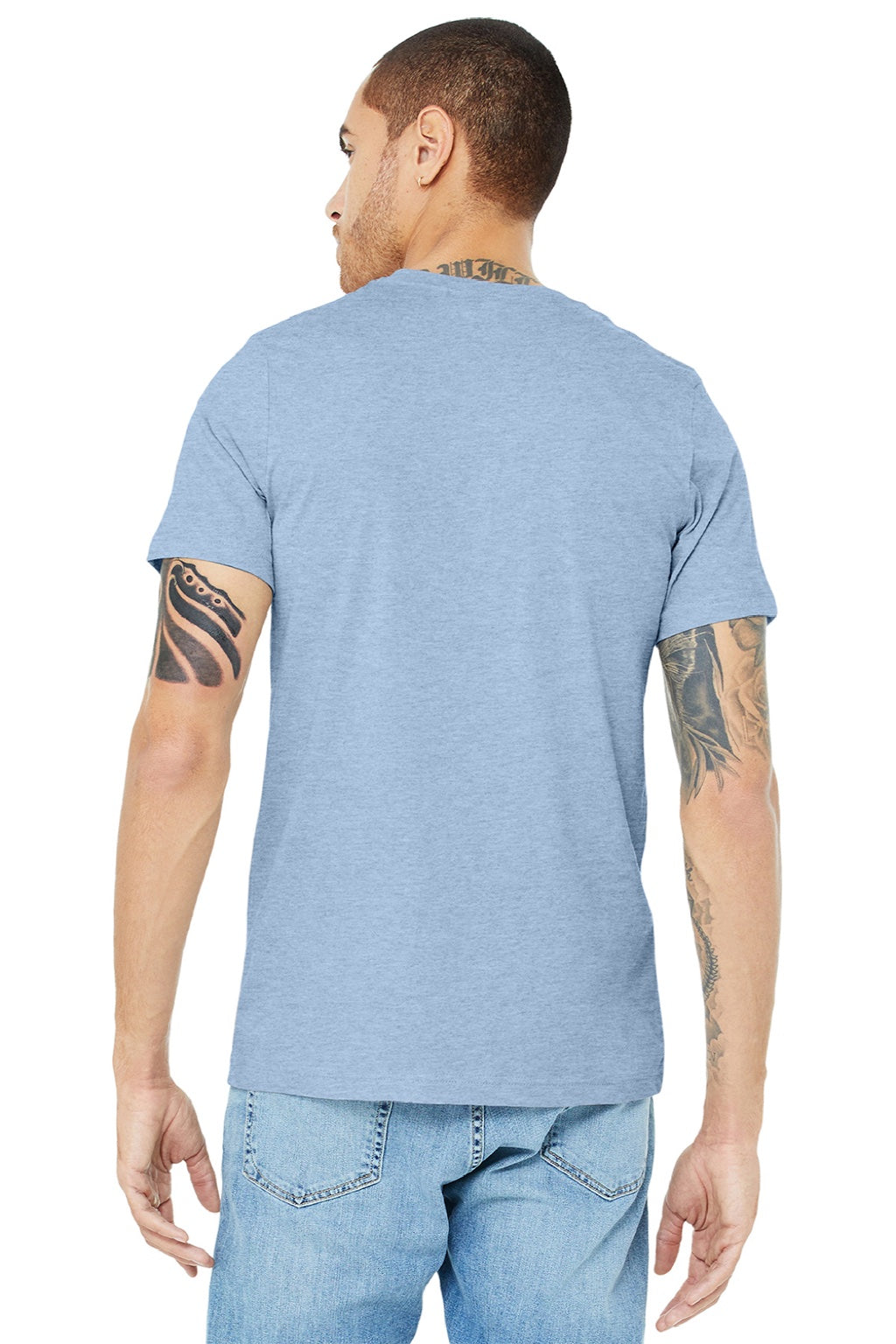 Bella + Canvas BC3001CVC/3001CVC Mens Heather CVC Short Sleeve Crewneck T-Shirt Heather Baby Blue Model Back