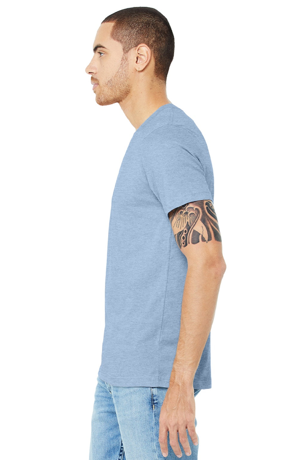 Bella + Canvas BC3001CVC/3001CVC Mens Heather CVC Short Sleeve Crewneck T-Shirt Heather Baby Blue Model Side