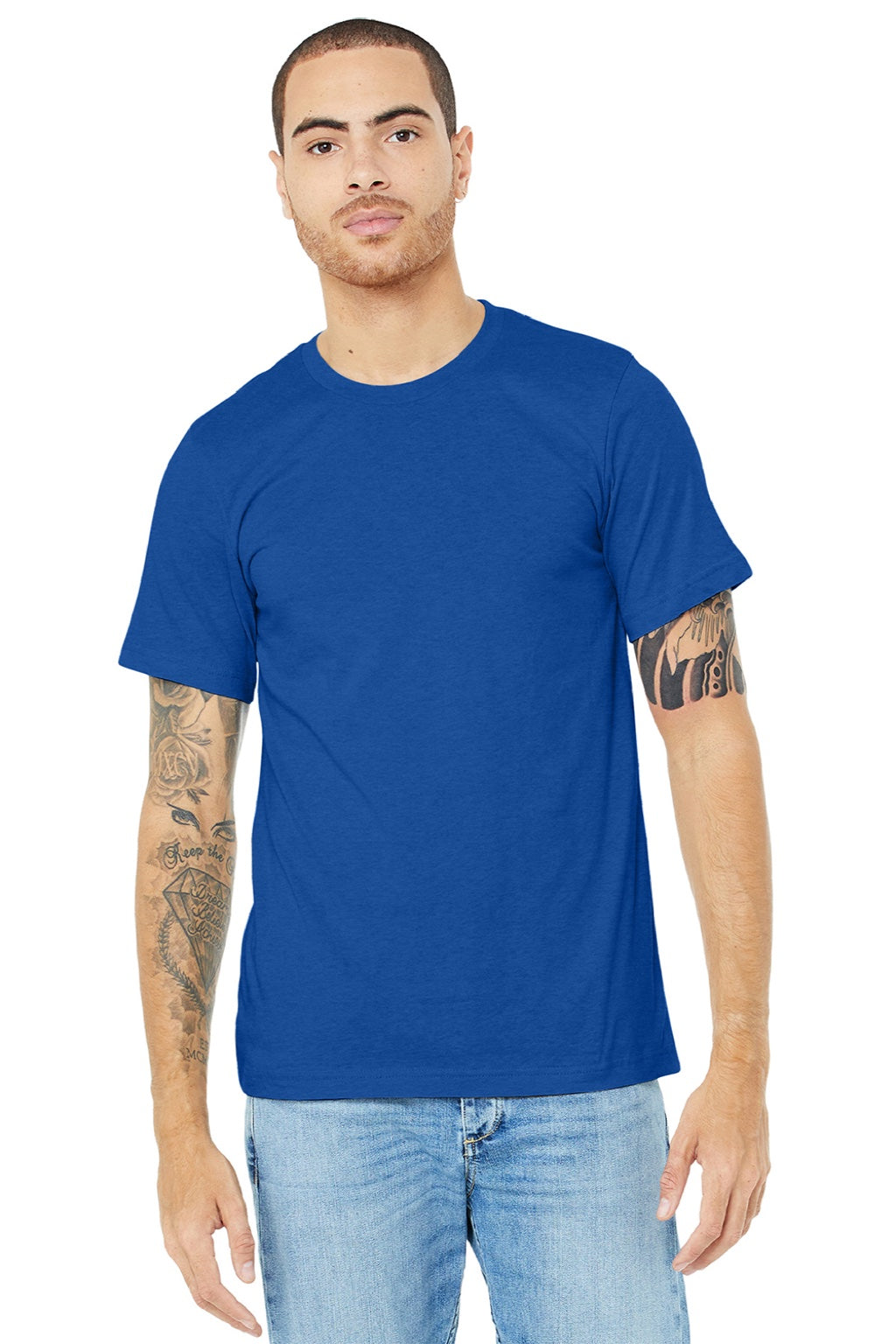 Bella + Canvas BC3001CVC/3001CVC Mens Heather CVC Short Sleeve Crewneck T-Shirt Solid True Royal Blue Model Front