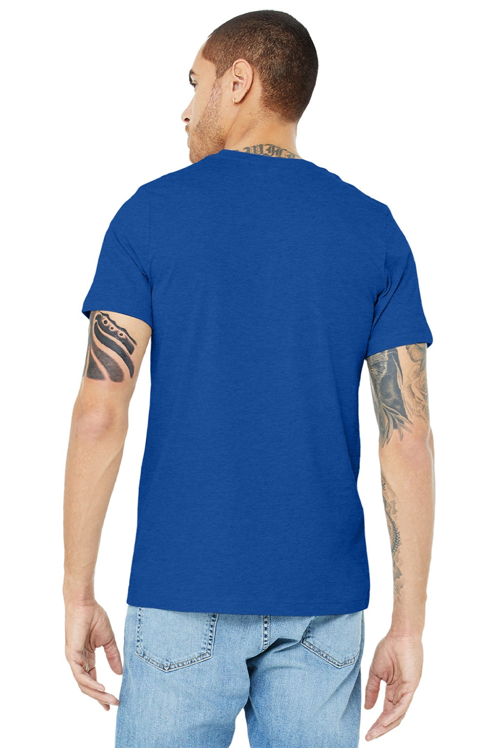 Bella + Canvas BC3001CVC/3001CVC Mens Heather CVC Short Sleeve Crewneck T-Shirt Solid True Royal Blue Model Back