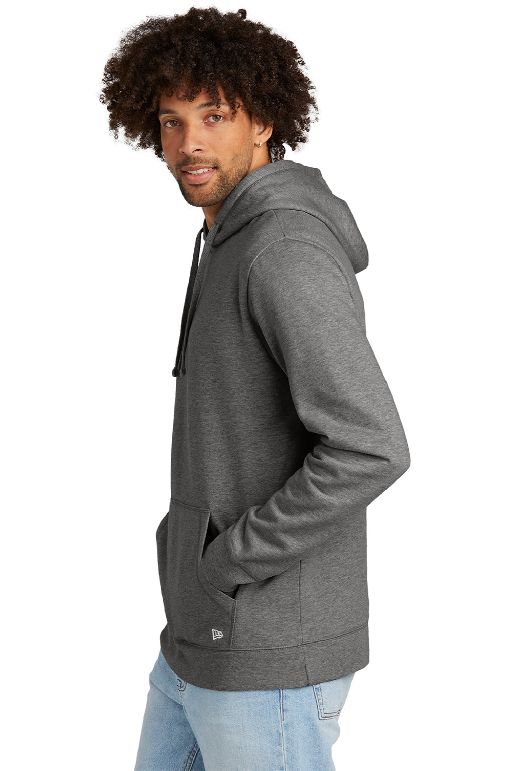 New Era NEA550 Mens Comeback Fleece Hooded Sweatshirt Hoodie w/ Pouch Pocket Heather Dark Grey Model Side