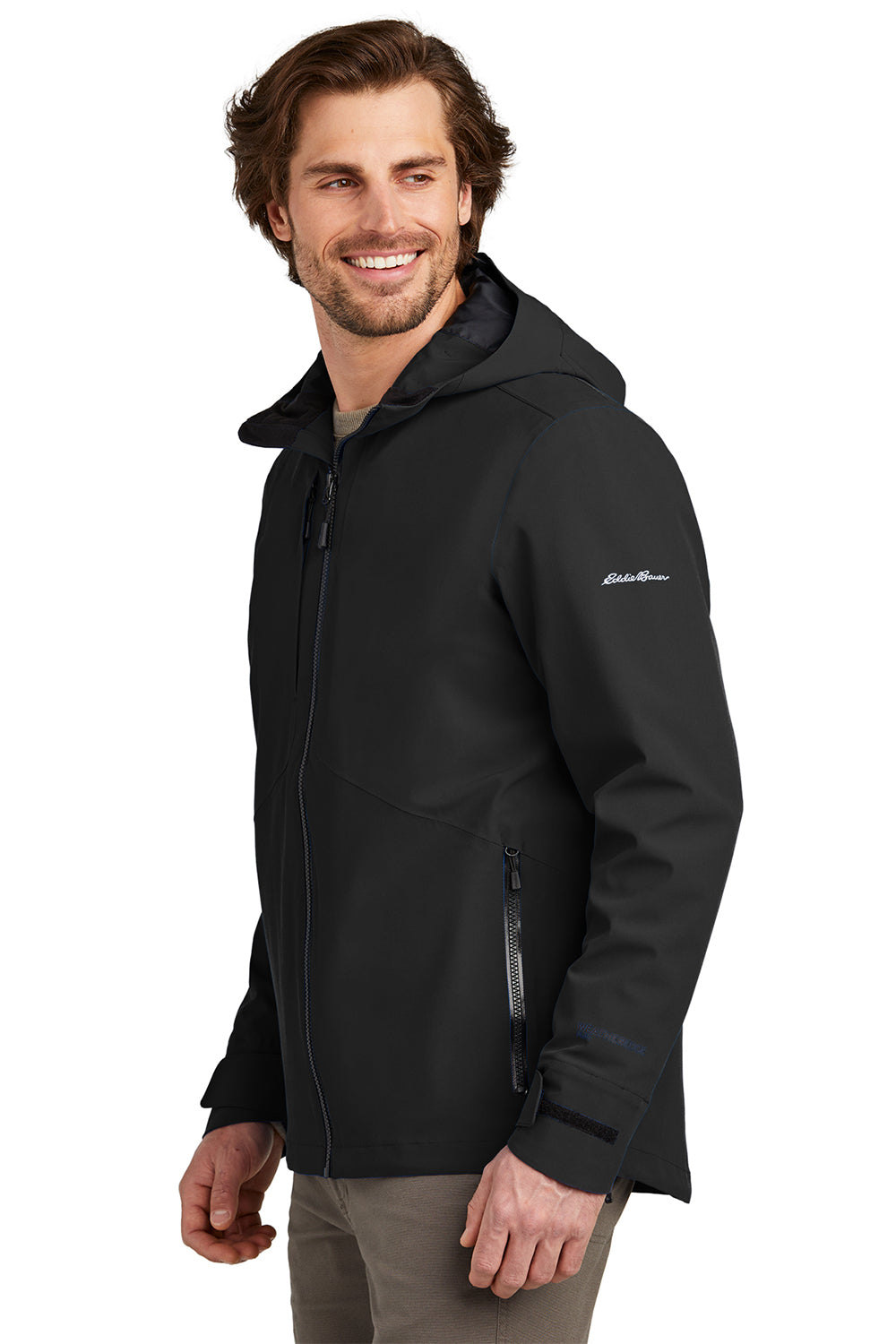 Eddie Bauer EB560 Mens WeatherEdge Plus Waterproof Full Zip Hooded Jacket Deep Black Model Side