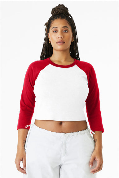 Bella + Canvas 1200 Womens Micro Ribbed Raglan 3/4 Sleeve Crewneck Baby T-Shirt White/Red Model Front