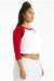 Bella + Canvas 1200 Womens Micro Ribbed Raglan 3/4 Sleeve Crewneck Baby T-Shirt White/Red Model Side