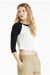 Bella + Canvas 1200 Womens Micro Ribbed Raglan 3/4 Sleeve Crewneck Baby T-Shirt White/Black Model Side