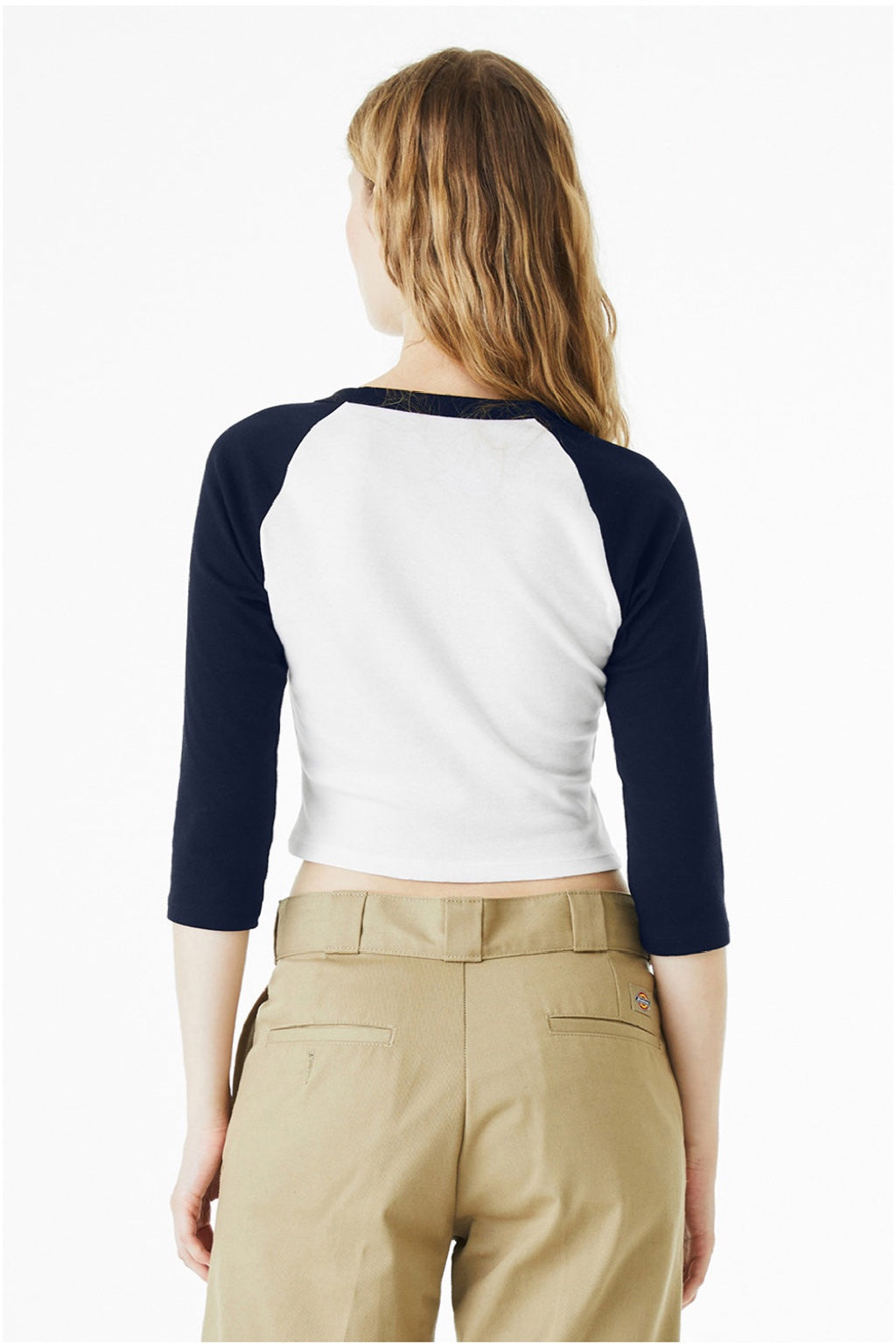 Bella + Canvas BC1200/1200 Womens Micro Ribbed Raglan 3/4 Sleeve Crewneck Baby T-Shirt White/Navy Blue Model Back