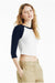 Bella + Canvas BC1200/1200 Womens Micro Ribbed Raglan 3/4 Sleeve Crewneck Baby T-Shirt White/Navy Blue Model Side