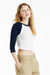 Bella + Canvas 1200 Womens Micro Ribbed Raglan 3/4 Sleeve Crewneck Baby T-Shirt White/Navy Blue Model Side