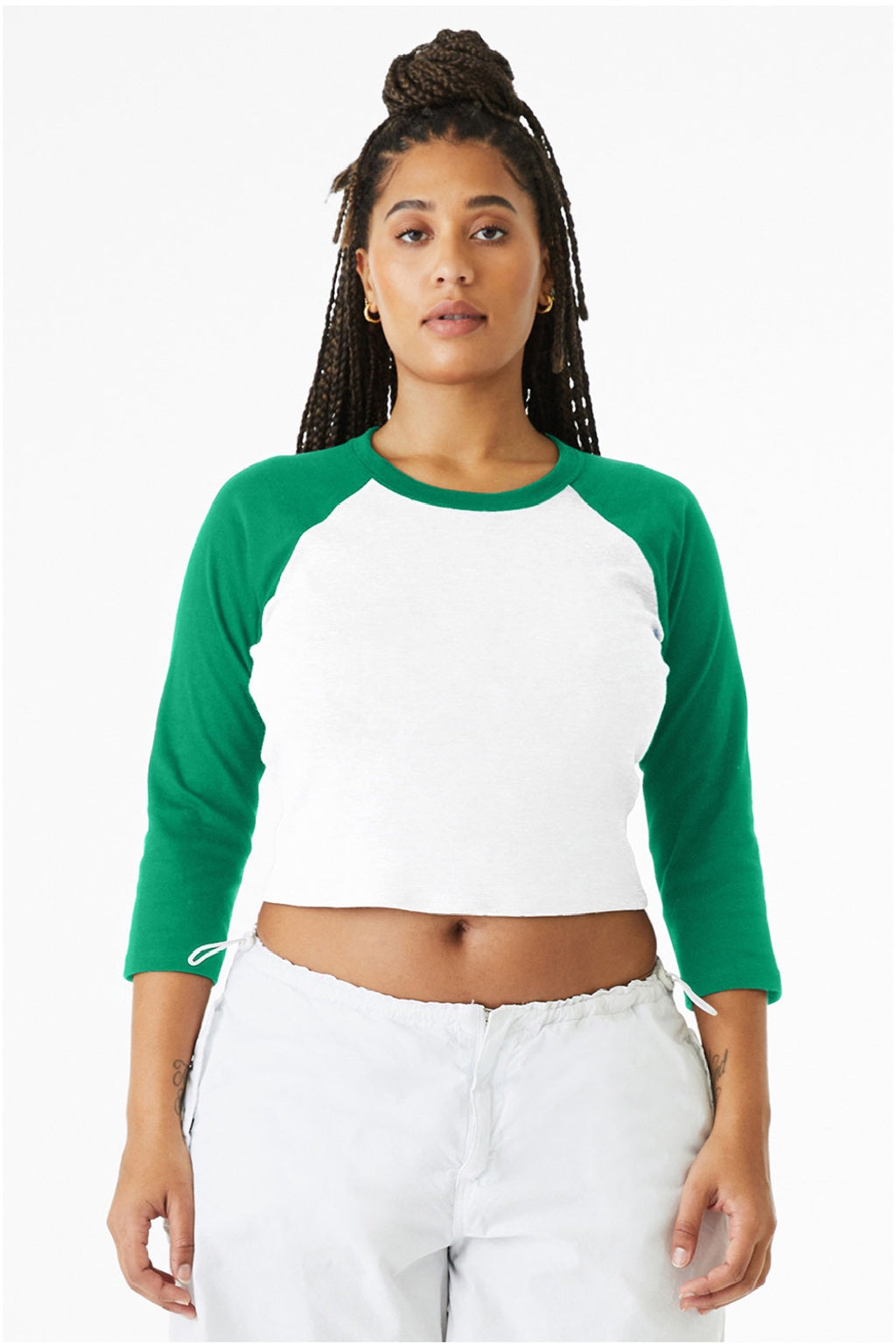Bella + Canvas BC1200/1200 Womens Micro Ribbed Raglan 3/4 Sleeve Crewneck Baby T-Shirt White/Kelly Green Model Front