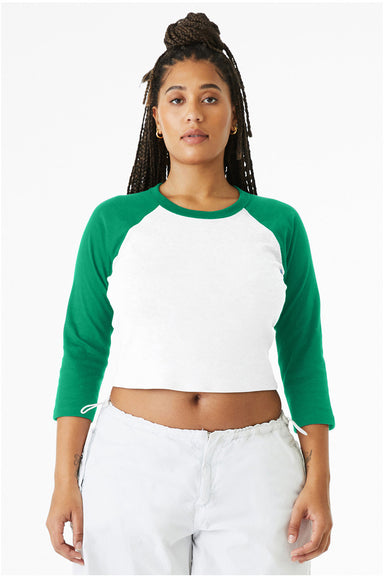 Bella + Canvas 1200 Womens Micro Ribbed Raglan 3/4 Sleeve Crewneck Baby T-Shirt White/Kelly Green Model Front