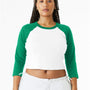 Bella + Canvas Womens Micro Ribbed Raglan 3/4 Sleeve Crewneck Baby T-Shirt - White/Kelly Green
