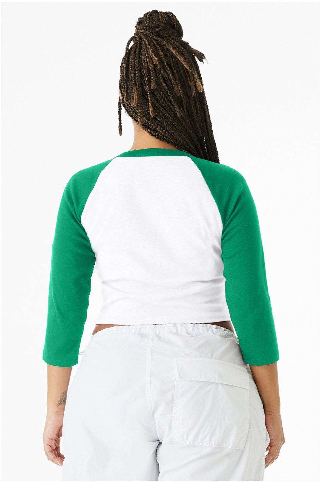 Bella + Canvas BC1200/1200 Womens Micro Ribbed Raglan 3/4 Sleeve Crewneck Baby T-Shirt White/Kelly Green Model Back