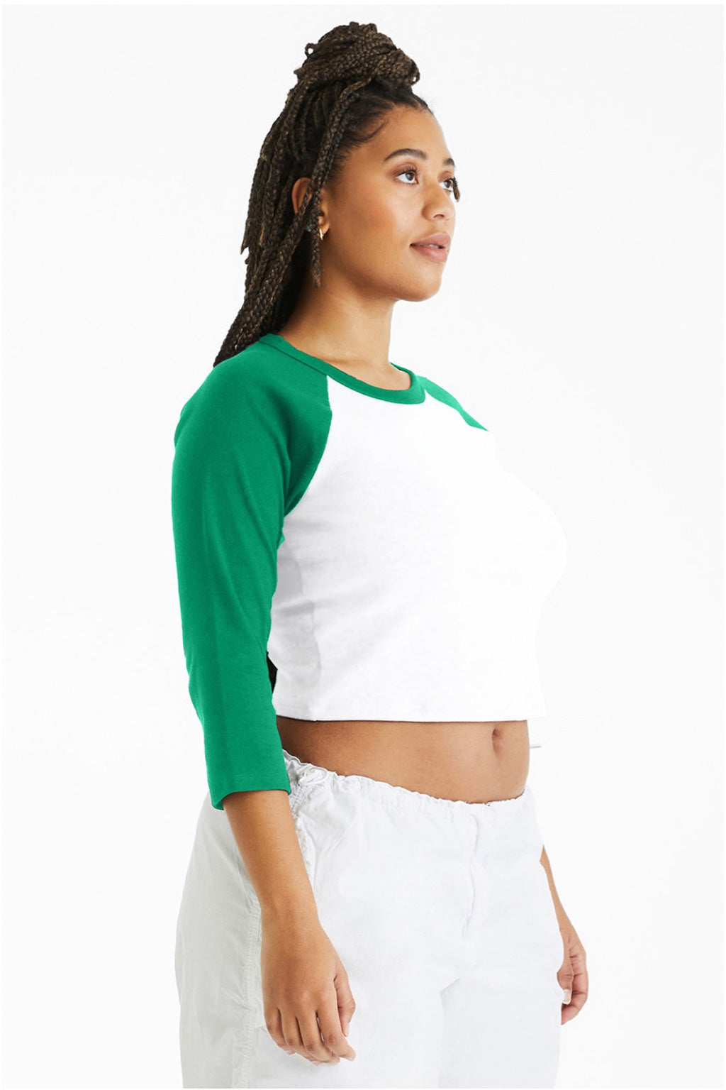 Bella + Canvas BC1200/1200 Womens Micro Ribbed Raglan 3/4 Sleeve Crewneck Baby T-Shirt White/Kelly Green Model Side