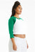 Bella + Canvas BC1200/1200 Womens Micro Ribbed Raglan 3/4 Sleeve Crewneck Baby T-Shirt White/Kelly Green Model Side