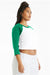 Bella + Canvas 1200 Womens Micro Ribbed Raglan 3/4 Sleeve Crewneck Baby T-Shirt White/Kelly Green Model Side