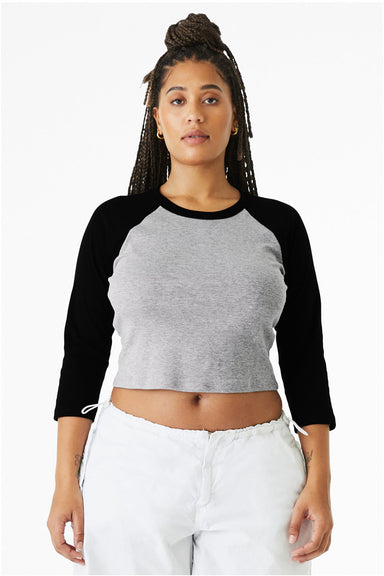 Bella + Canvas 1200 Womens Micro Ribbed Raglan 3/4 Sleeve Crewneck Baby T-Shirt Heather Grey/Black Model Front