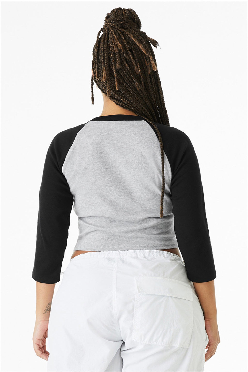 Bella + Canvas BC1200/1200 Womens Micro Ribbed Raglan 3/4 Sleeve Crewneck Baby T-Shirt Heather Grey/Black Model Back