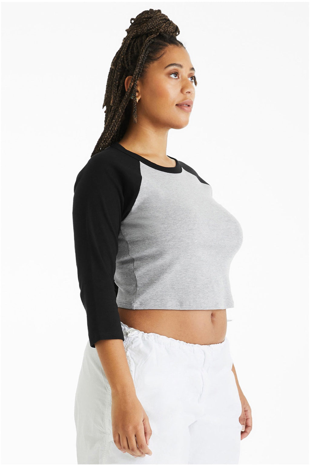Bella + Canvas BC1200/1200 Womens Micro Ribbed Raglan 3/4 Sleeve Crewneck Baby T-Shirt Heather Grey/Black Model Side