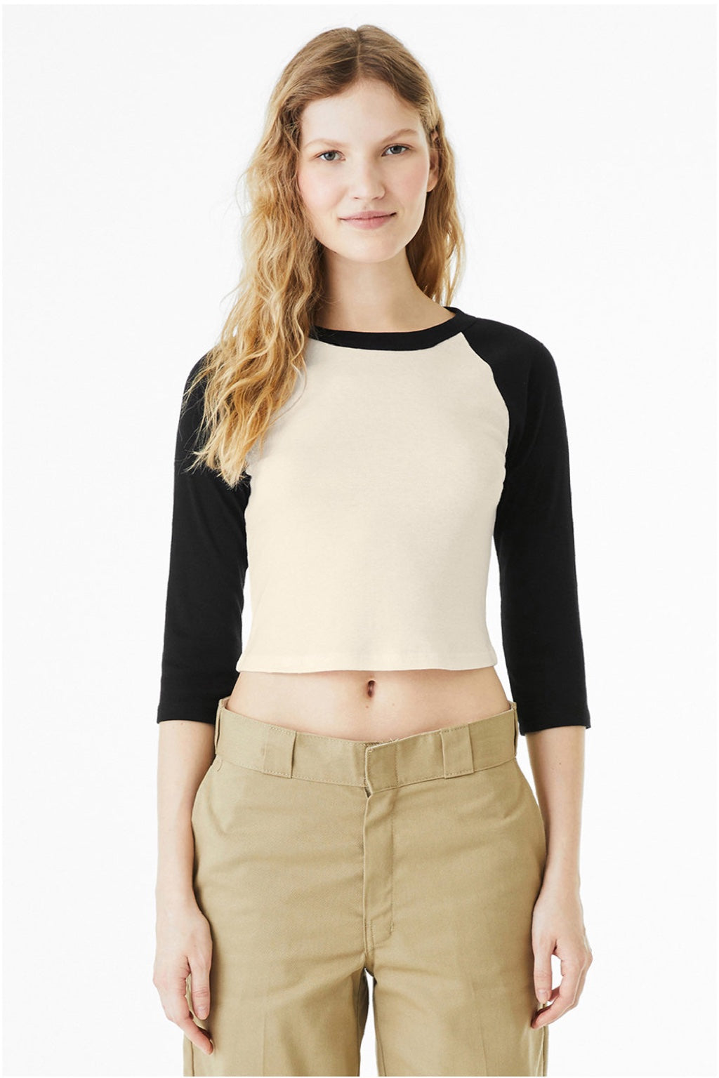 Bella + Canvas BC1200/1200 Womens Micro Ribbed Raglan 3/4 Sleeve Crewneck Baby T-Shirt Natural/Black Model Front