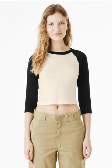 Bella + Canvas BC1200/1200 Womens Micro Ribbed Raglan 3/4 Sleeve Crewneck Baby T-Shirt Natural/Black Model Front