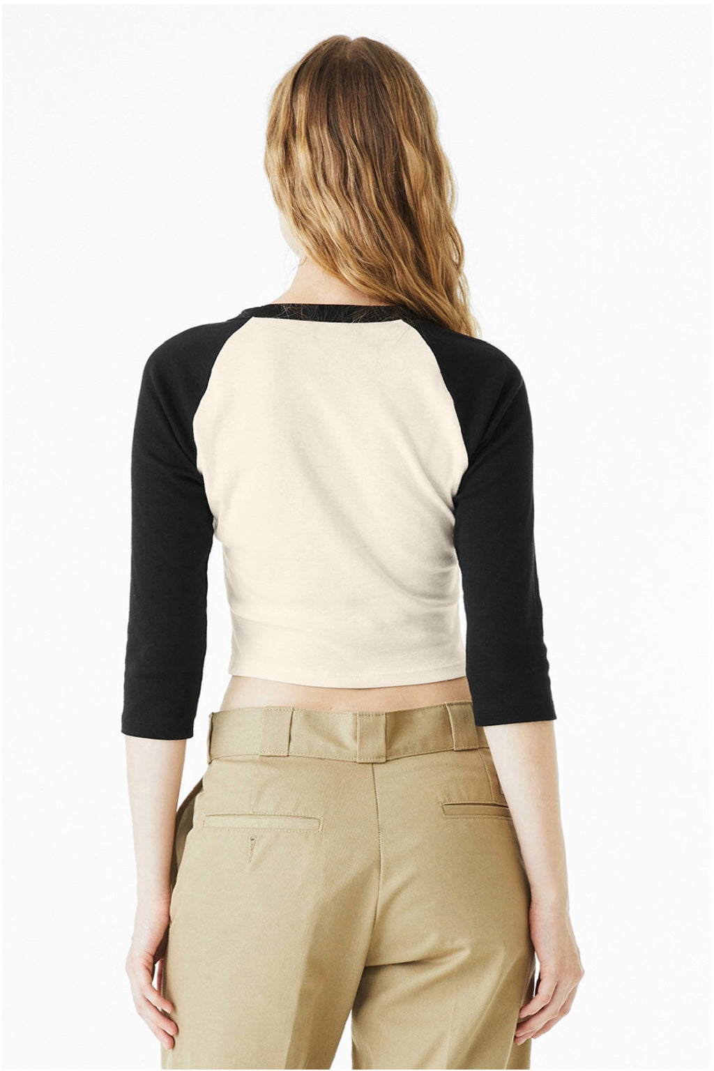 Bella + Canvas BC1200/1200 Womens Micro Ribbed Raglan 3/4 Sleeve Crewneck Baby T-Shirt Natural/Black Model Back