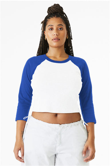 Bella + Canvas 1200 Womens Micro Ribbed Raglan 3/4 Sleeve Crewneck Baby T-Shirt White/True Royal Blue Model Front