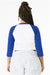 Bella + Canvas BC1200/1200 Womens Micro Ribbed Raglan 3/4 Sleeve Crewneck Baby T-Shirt White/True Royal Blue Model Back