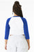 Bella + Canvas 1200 Womens Micro Ribbed Raglan 3/4 Sleeve Crewneck Baby T-Shirt White/True Royal Blue Model Back