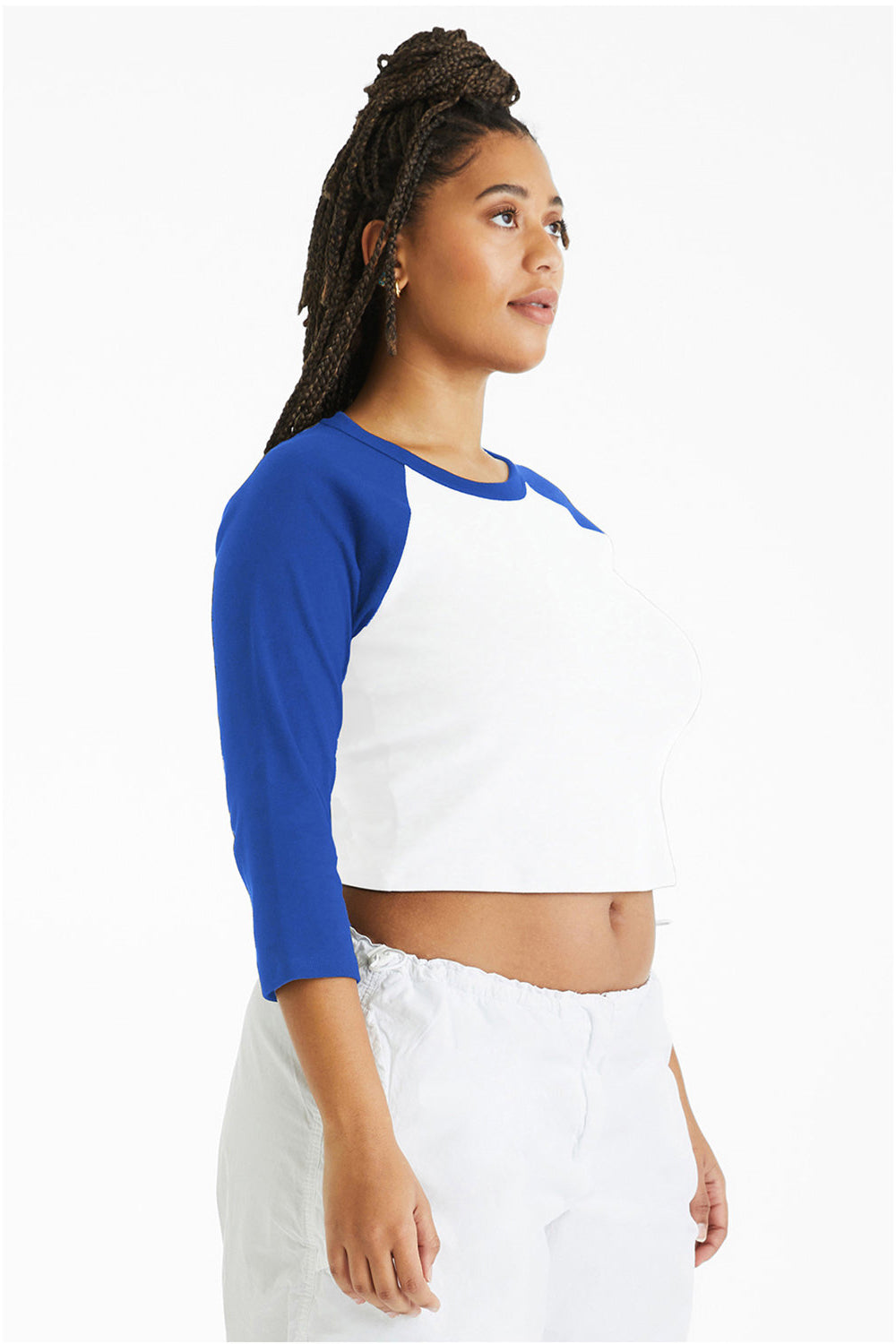 Bella + Canvas 1200 Womens Micro Ribbed Raglan 3/4 Sleeve Crewneck Baby T-Shirt White/True Royal Blue Model Side