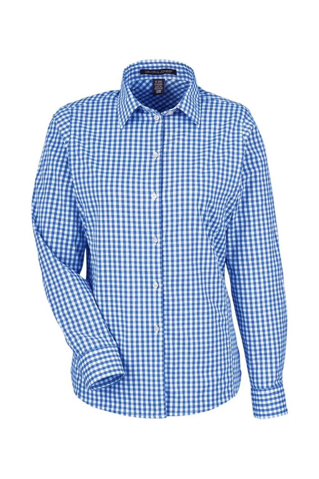 Devon & Jones DG536W Womens CrownLux Performance Gingham Long Sleeve Button Down Shirt French Blue/White Flat Front