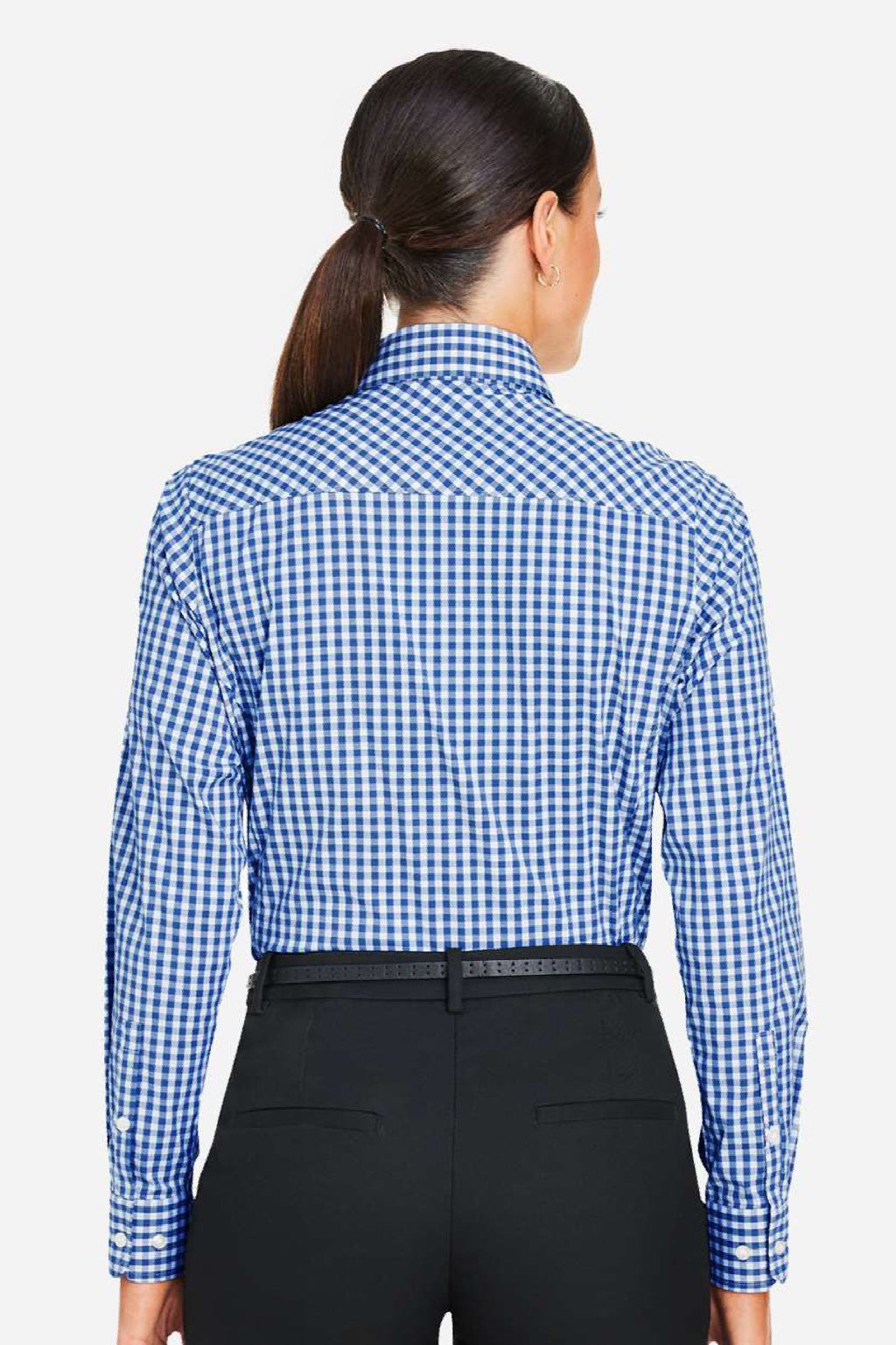 Devon & Jones DG536W Womens CrownLux Performance Gingham Long Sleeve Button Down Shirt French Blue/White Model Back